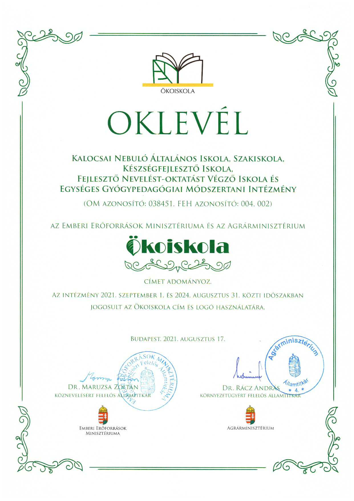 Oklevel okoiskola 21